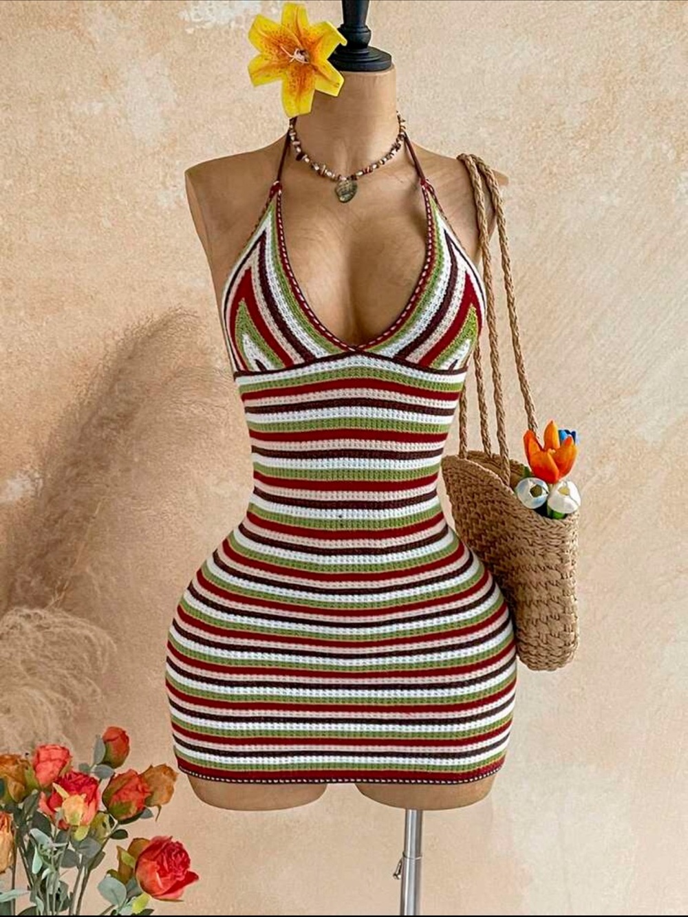 Striped Crochet Halter Mini Dress - Red, Green & White